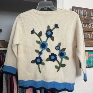 Vintage Wool Boatneck Sweater with dimensional Embroidered Flowers